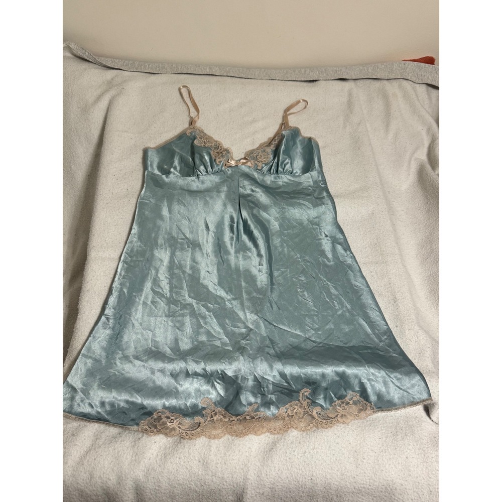 Morgan Taylor Intimates Blue Satin Lace Trim Chemise Nightgown Size M